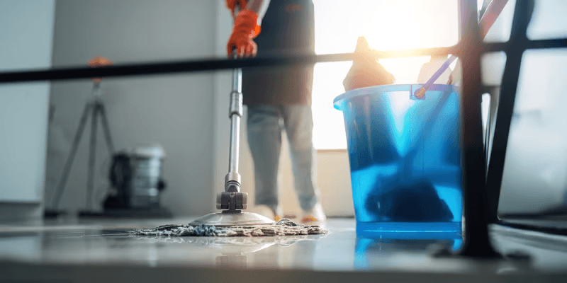 A freshly mopped hardwood floor in a bright, tidy home