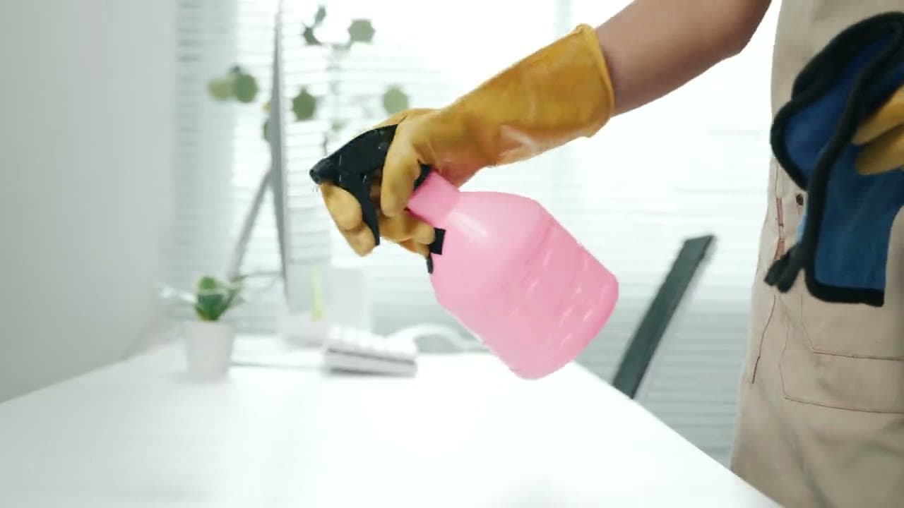 Person cleaning a desk in a bright office